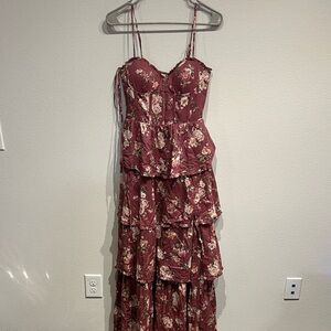 Altar'd‎ State Floral Burgundy Corset Maxi Tiered Dress Size Small